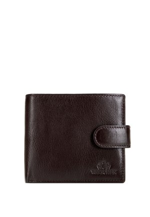 Ciemnobrązowy skórzany dwuklapowy portfel z zatrzaskiem i tłoczonym logo Wittchen w prawym dolnym rogu.