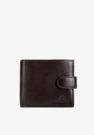 Dunkelbraune Leder-Bifold-Geldbörse mit Druckknopfverschluss und geprägtem Wittchen-Logo unten rechts.