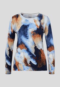 Langarm-Oberteil aus weichem Stoff mit einem abstrakten Muster in Blau, Beige und Braun, mit textlichem Detail aus Kristallen auf der Vorderseite.