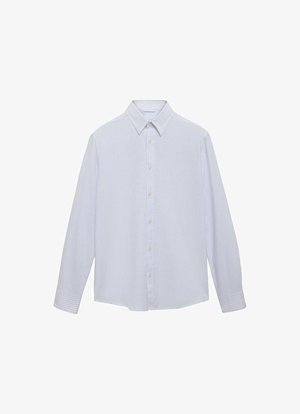 Miesten pitkähihaisen paidan vaalea sininen väri, jossa on ohuita pystysuoria raitoja, napillinen kaulus ja nappisulku. Valmistettu pehmeästä kankaasta, jonka pinta on sileä.
