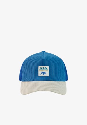 Blauwe corduroy baseballpet met witte klep en een rechthoekige patch met gestileerde golven, het woord "PROTEST" en een blauwe ster.