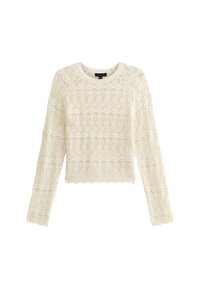 Pull crème à manches longues, présentant un motif en dentelle texturée et un ourlet en dents de scie. Encolure ronde et matériau en tricot léger et doux.