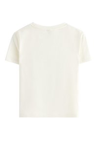 Lyhythihainen, pyöreäkauluksinen t-paita off-white puuvillasta. Ominaisuudet sisältävät sileän pinnan, yksinkertaisen muotoilun ja ilman näkyviä logoja tai kuvioita.