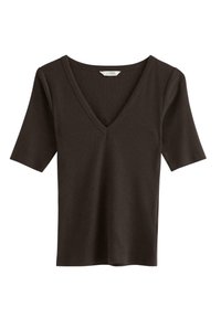 Top corto a maniche corte di colore marrone scuro, lavorato a maglia, con scollatura profonda a V e silhouette aderente, caratterizzato da una texture a coste e bordi puliti.