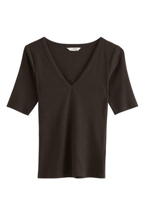 Mørkebrun, strikket kortærmet top med dyb V-hals og tætsiddende silhuet, med ribbet tekstur og rene kanter.