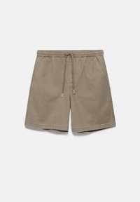 Shorts beiges décontractés avec taille élastique, cordon de serrage et deux poches latérales, présentés à plat sur un fond clair.