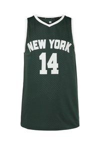 Camiseta de baloncesto verde con detalles en blanco, con el texto "NEW YORK" y el número "14" en el frente. Fabricada con tela perforada para mayor transpirabilidad.