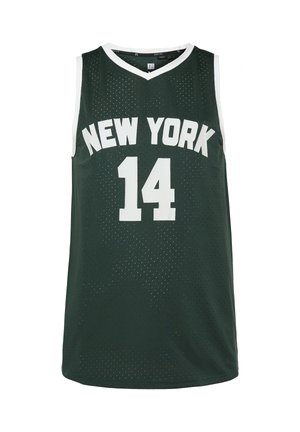 Zelený basketbalový dres s bílými akcenty, s nápisem "NEW YORK" a číslem "14" na přední straně. Vyrobený z perforované látky pro lepší prodyšnost.