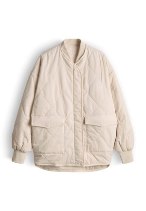 Giacca imbottita beige chiaro con polsini elasticizzati, due tasche frontali con patta e collo rotondo, mostrata su sfondo bianco.