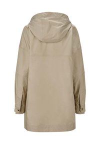 Beige Kapuzenjacke mit lockerer Passform, langen Ärmeln, Druckknopfmanschetten und einer glatten, wasserabweisenden Stoffoberfläche.