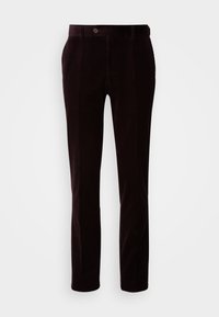 Sötétbarna corduroy nadrág, slim fit szabással, finom függőleges bordákkal, gombos záródással és standard zsebekkel mindkét oldalon.