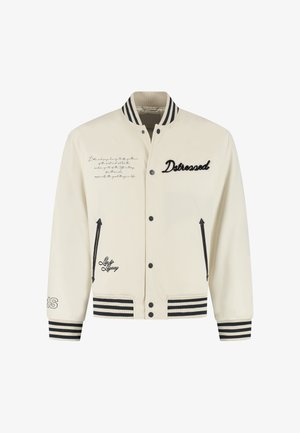 Kremowa kurtka varsity z czarnymi literami i akcentami. Posiada zatrzaski, boczne kieszenie oraz paski na mankietach. Wzory tekstowe na przodzie.