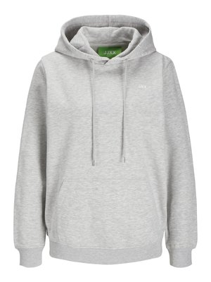 Jasnoszara bluza z kapturem, przednią kieszenią kangurką, troczkiem w kapturze oraz małym białym logo "JJXX" na klatce piersiowej.