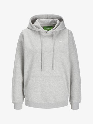 Jasnoszara bluza z kapturem, przednią kieszenią kangurką, troczkiem w kapturze oraz małym białym logo "JJXX" na klatce piersiowej.