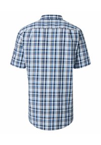Kortarmig shirt met een blauw, grijs en wit plaidpatroon. Gemaakt van ademend materiaal met een knoopsluiting en een rond achterpand.