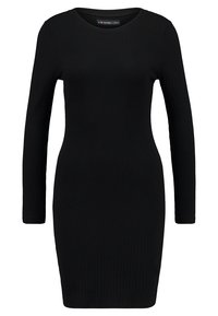 Czarna, ribbed długa sukienka z długim rękawem i okrągłym dekoltem, o dopasowanej sylwetce i miękkiej teksturze.
