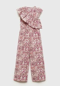 Jumpsuit z rožnim vzorcem v rožnati in smetanasti barvi, z nabranim ovratnikom, širokimi hlačnicami in elastičnim pasom za udobje. Material: poliester.