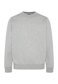 Gray sweatshirt made from soft material, featuring a crew neck, long sleeves, and ribbed cuffs and hem for a comfortable fit.
