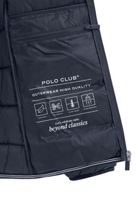 Innerfoder i jackan med svart ficka med dragkedja och "Polo Club"-logotyp, kvalitetsikoner: ultralätt, skräddarsydd passform, extra varm, vattenavvisande.