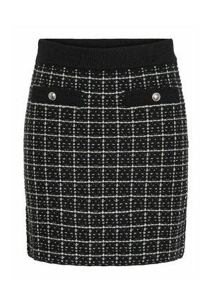 Mini krilo v črno-belem karirastem vzorcu z rebrastim pasom, ki vsebuje dve sprednji žepki in okrasne srebrne gumbe. Narejeno iz teksturirane tkanine.