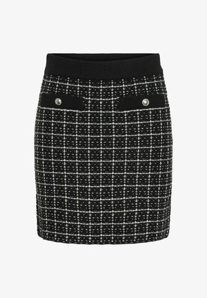 Mini krilo v črno-belem karirastem vzorcu z rebrastim pasom, ki vsebuje dve sprednji žepki in okrasne srebrne gumbe. Narejeno iz teksturirane tkanine.