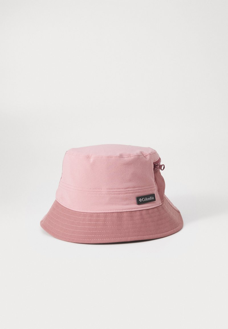 Pink bucket hat with a rounded top, wide brim, and a dual-tone design. Features a small side pocket and a brand tag. Made of durable fabric.