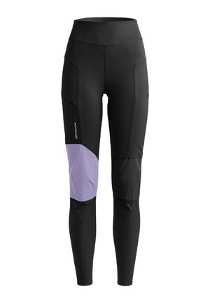 Schwarze, enganliegende Sportleggings mit hohem Bund, Seitentaschen und einem hellvioletten Einsatz am linken Oberschenkel.
