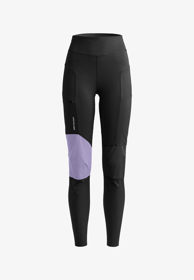 Schwarze, enganliegende Sportleggings mit hohem Bund, Seitentaschen und einem hellvioletten Einsatz am linken Oberschenkel.
