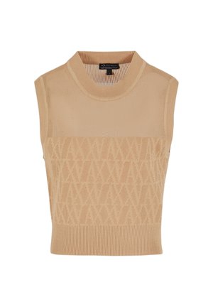 Beige ärmelloses Oberteil mit einem strukturierten Strickdesign, einem hohen Kragen und einem gerippten Saum. Auffällige Rautenmuster auf dem Stoff.