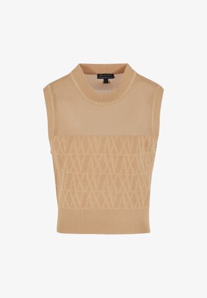 Beige ärmelloses Oberteil mit einem strukturierten Strickdesign, einem hohen Kragen und einem gerippten Saum. Auffällige Rautenmuster auf dem Stoff.