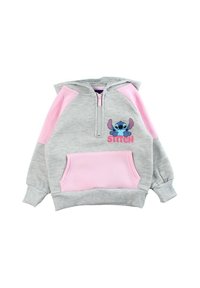 Sweat à capuche gris clair zippé avec des accents roses, une poche avant et un personnage de dessin animé Stitch sur la poitrine. Tissu doux et coupe ample.