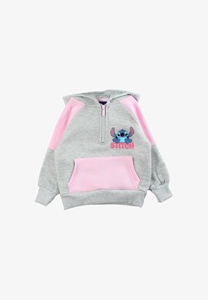Sweat à capuche gris clair zippé avec des accents roses, une poche avant et un personnage de dessin animé Stitch sur la poitrine. Tissu doux et coupe ample.