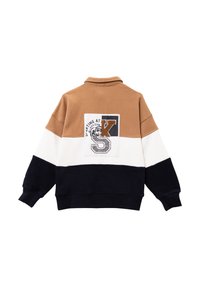 Bruine, witte en marineblauwe kleurgeblokte sweatshirt met een kraag. Bevat een patch met tekst en afbeelding op de achterkant. Zacht katoenmateriaal.