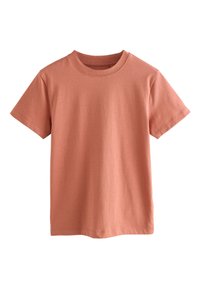 T-shirt a manica corta in un colore corallo tenue, realizzata in morbido cotone con scollo rotondo e una superficie liscia e senza trama.