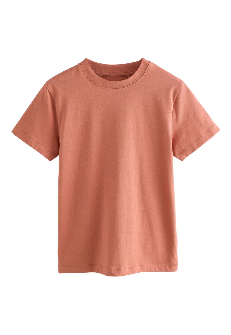 T-shirt a manica corta in un colore corallo tenue, realizzata in morbido cotone con scollo rotondo e una superficie liscia e senza trama.