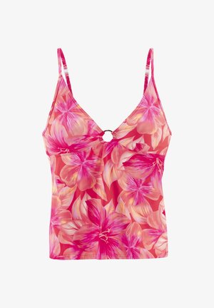 Ziedu topiņš ar rozā un oranžiem toņiem, ar V-veida izgriezumu, regulējamiem siksniņām un aplīša aksesuāru centrā.