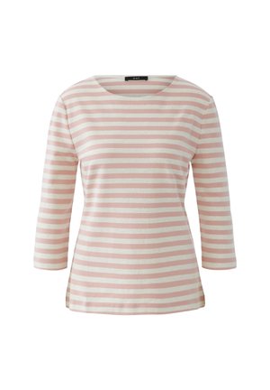 Chemise à manches longues avec des rayures horizontales roses et blanches et un col rond, présentée sur un fond blanc.