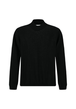 Zwarte coltrui gemaakt van glad gebreid materiaal. Heeft lange mouwen en een ribbelkraag voor extra textuur. Klassiek pulloverontwerp.