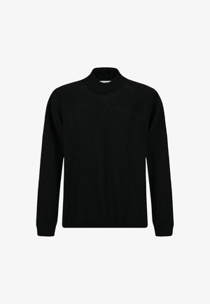 Suéter negro de cuello alto, hecho de material de punto suave. Presenta mangas largas y un cuello acanalado para mayor textura. Diseño clásico de pulóver.