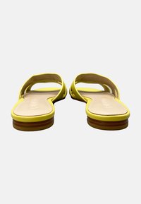 Infradito gialli con soletta in pelle liscia, design aperto e cinturini curvi. Presentano una suola sottile e impilata per una minima elevazione.
