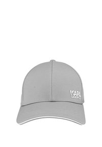 Casquette de baseball gris clair avec visière courbée et logo blanc "KARL LAGERFELD" sur le côté avant droit.