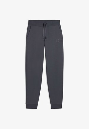 Pantaloni jogger grigi in tessuto liscio, con vita elastica, tasche anteriori e polsini a costine alle caviglie. Dettaglio logo discreto.