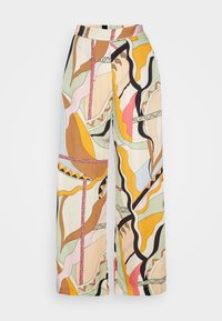 Pantalons évasés en tissu léger, présentant un design abstrait multicolore avec des formes fluides dans des nuances de beige, vert, rose et accents noirs.