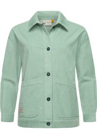 Mintgrøn kordfløjl jakke med knaplukning foran, to frontlommer og lange ærmer. Har struktureret stof og sorte knapper.