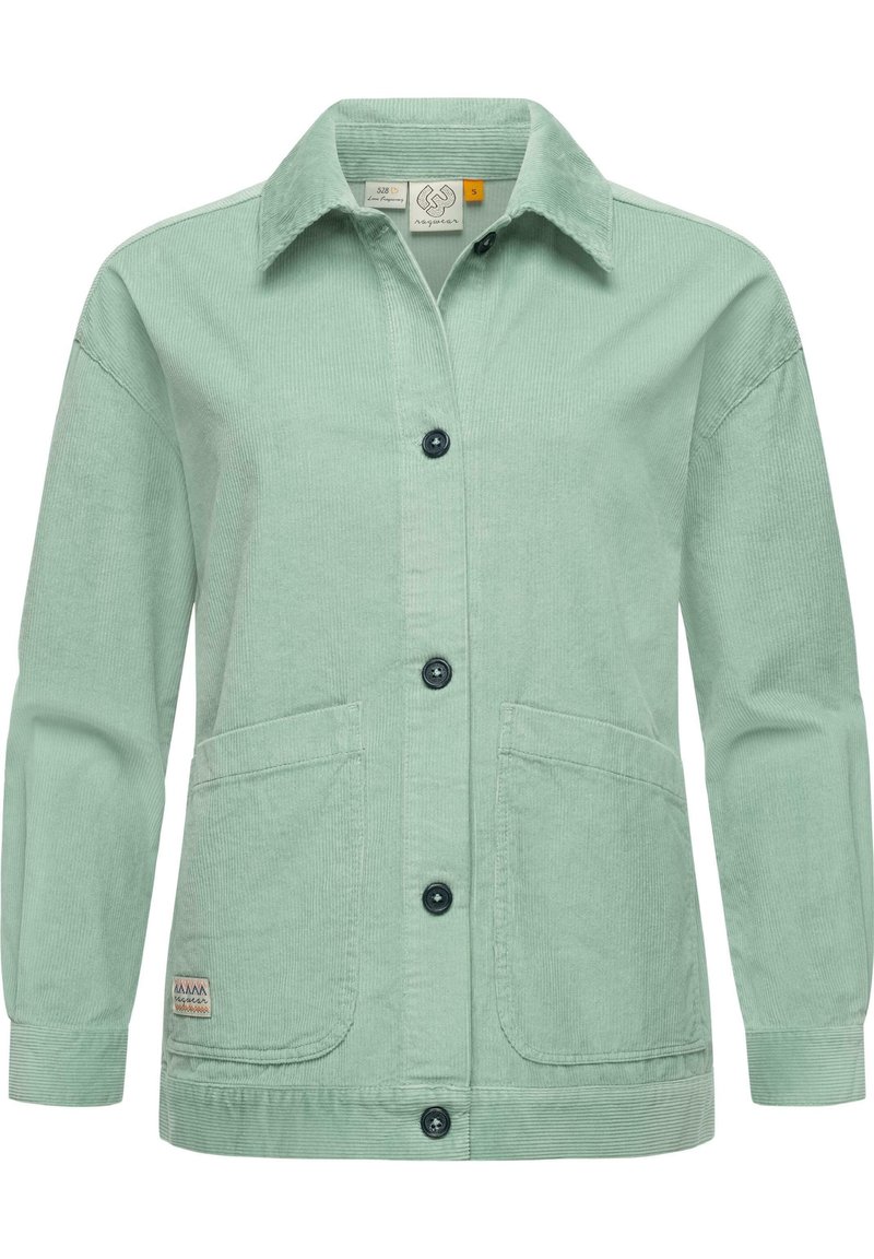 Mintgrøn kordfløjl jakke med knaplukning foran, to frontlommer og lange ærmer. Har struktureret stof og sorte knapper.