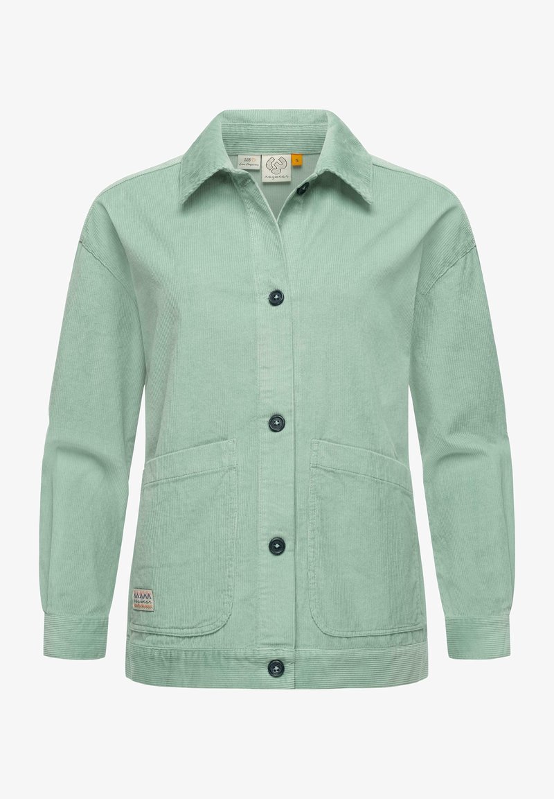 Mintgrøn kordfløjl jakke med knaplukning foran, to frontlommer og lange ærmer. Har struktureret stof og sorte knapper.