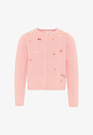 Cardigan en tricot rose boutonné avec de petites cerises brodées dispersées sur le devant et un petit logo brodé près de l'ourlet.