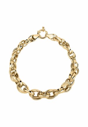 Gold chain necklace with large interlocking oval links and a round spring ring clasp on white background.