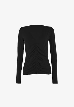 Zwarte longsleeve V-hals top met geplooide details in het midden, aansluitende pasvorm en gladde stoftextuur.