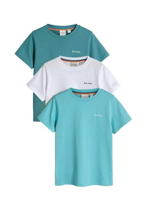 Three short-sleeve t-shirts in teal, white, and light blue, each with a small "Paul Smith" logo on the left chest.